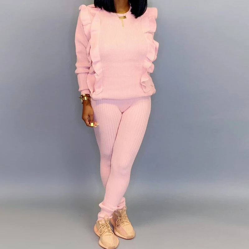 Женский спортивный костюм в рубчик повседневный из двух предметов с оборками и