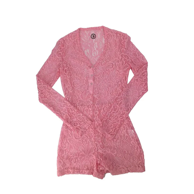 Женский кружевной комбинезон с V-образным вырезом на пуговицах длинным рукавом