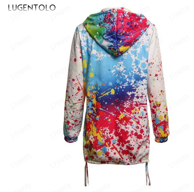 

Women Hoodie Autumn Long-Sleeved Splashed Ink Printing New Mid-Length Zipper Tassel Female Casual Hoodies 5XL Lugentolo
