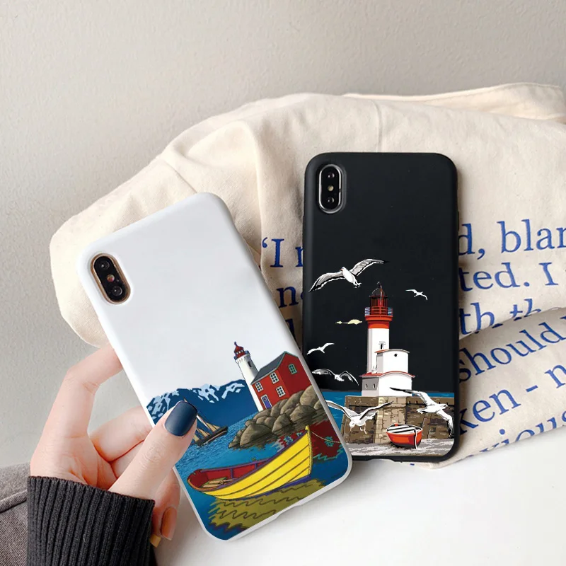

Hand Painted Lighthouse Print Bird Seagull Phone Case for iphone 11 12 13 Pro Max 6s 7 8 Plus SE 2 X XS MAX XR Silicone Cover