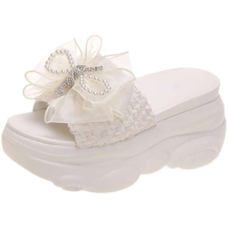 

House Slippers Platform Shoes Slipers Women Flower Heeled Mules Slides Increased Internal Butterfly-Knot On A Wedge Fashion 2021
