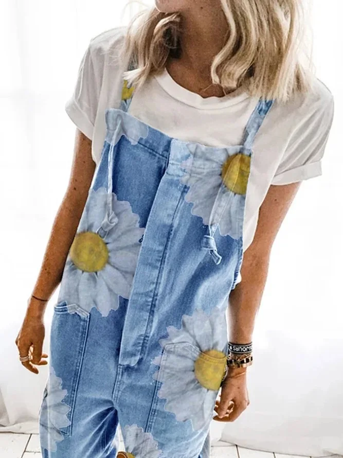 

Women's Floral Print Suspender Long Pants Solid Sleeveless Adjustable Straps Jumpsuit Romper Ladies Loose Jumpsuit Playsuit