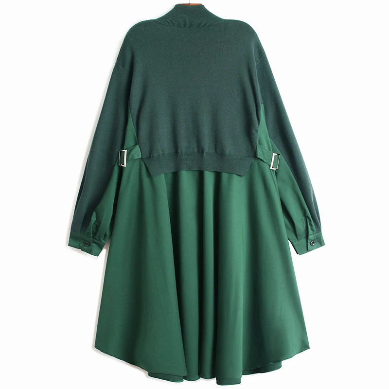 

SuperAen Fake Two-piece 2021 Autumn Winter Half High Collar Short Knit Patchwork Loose Medium Length A-line Woman Dress