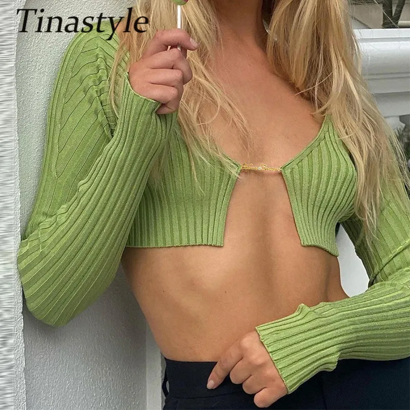 

Женский облегающий свитер Tinastyle, однотонный трикотажный короткий кардиган с длинным рукавом, Осень-зима 2021
