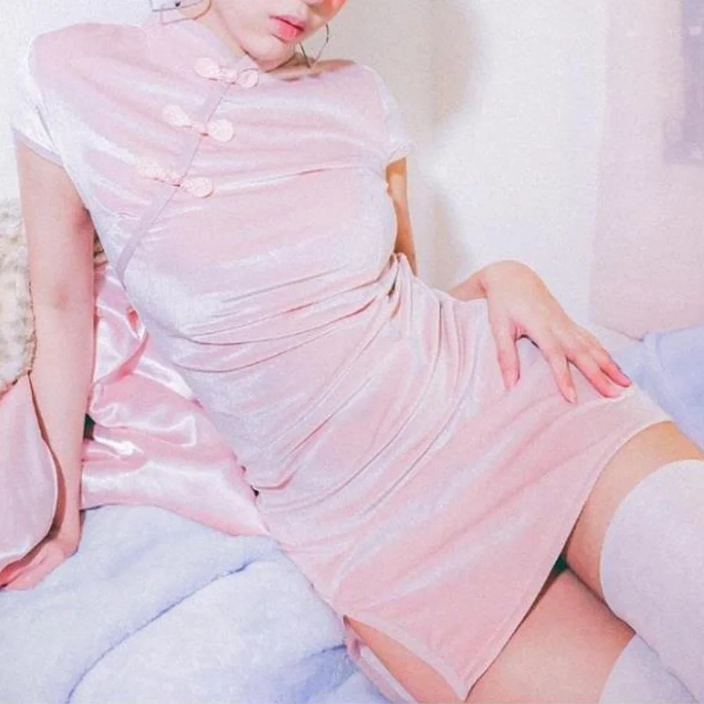 

Sexy Mini Summer Dress Black Cheongsam Style Short Sleeve Vintage Retro Bodycon Split Party Dress For Ladies Clubwear