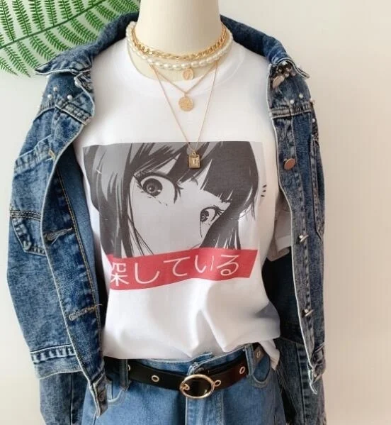 

kuakuayu HJN Anime Looking for Cute Eyes T Shirt Japanese Anime Aesthetic T-Shirt Harajuku Style 90s Cute Summer Tops