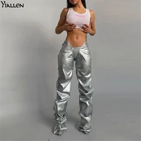 yiallen fashion pu leather folds shiny pants women hipster high street irregular shape clothing low waist female streetwear