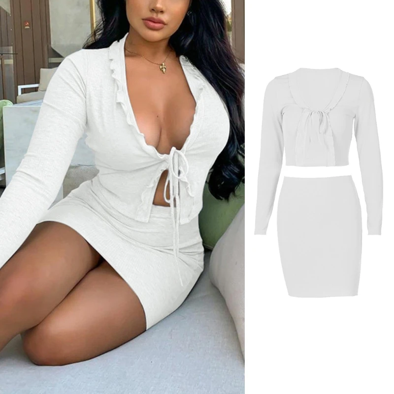 

Women Autumn 2 Piece Outfits Set Long Sleeve Ruffles Lace-Up V-Neck Tie Front Crop Top Bodycon Mini Pencil Skirt Solid Color Rib