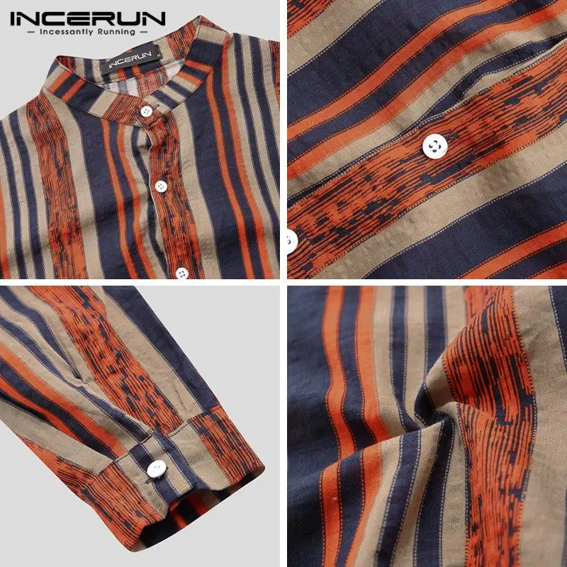 

INCERUN Vintage Striped Men Shirts Long Sleeve Stand Collar Blouse Man Cotton Chic Breathable Casual Shirts Spring Mens Camisa