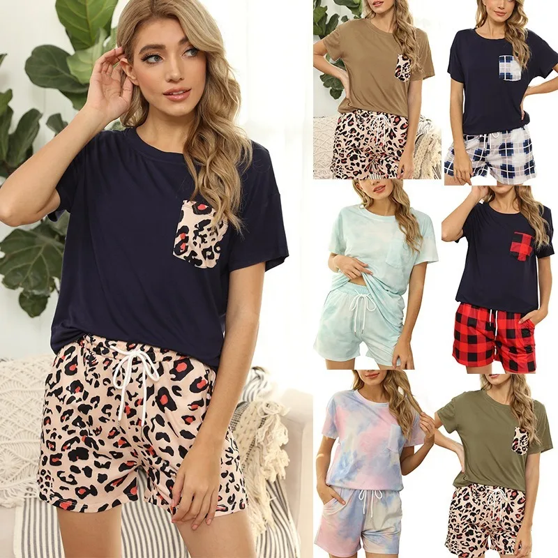 

2021 spring and summer European and American new women's tie-dye pajamas short-sleeved leopard print home service two-piece suit