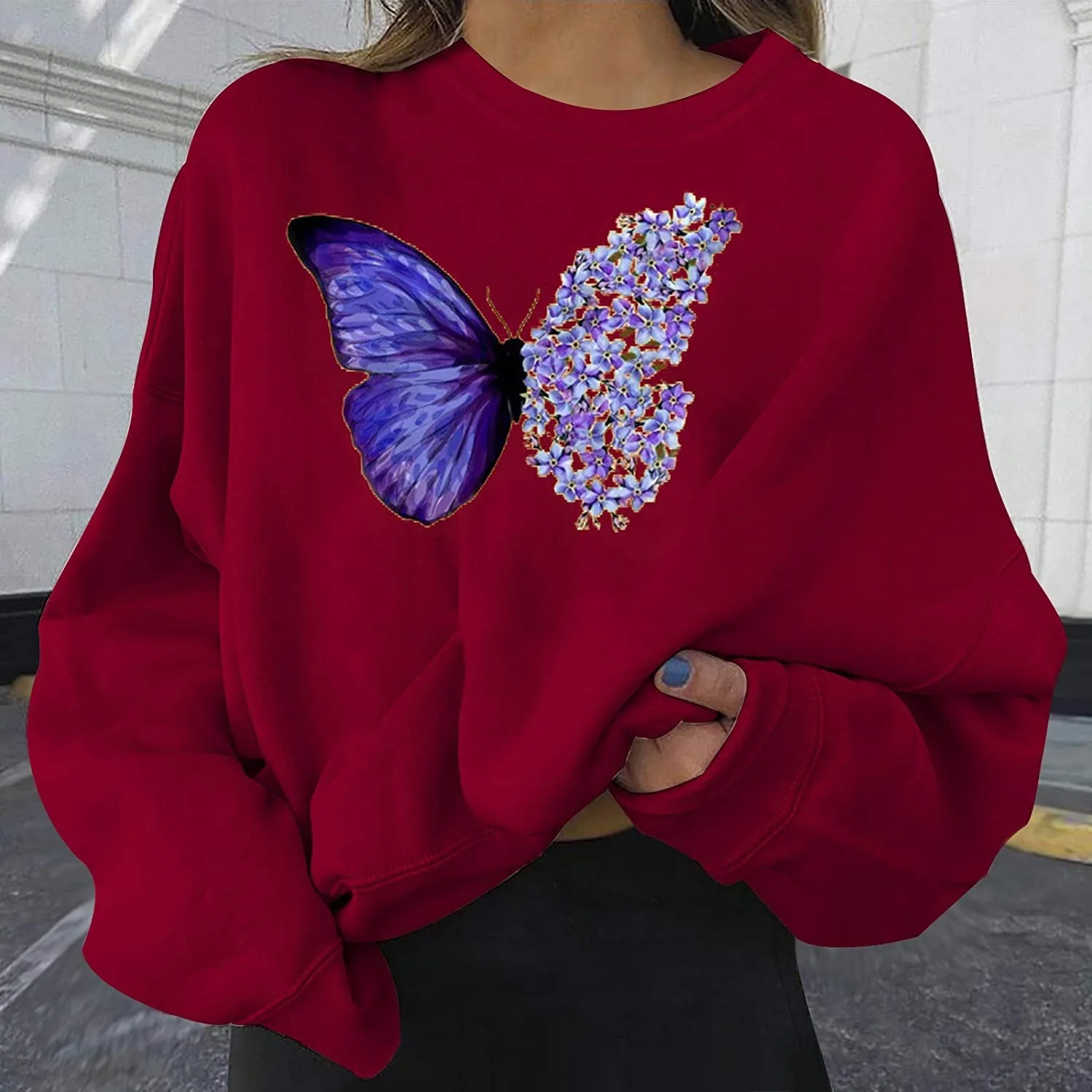 

2021 Autumn Winter New Fashion Women's Casual Long Sleeve Butterfly Print Ladies Sweatshirts Tops