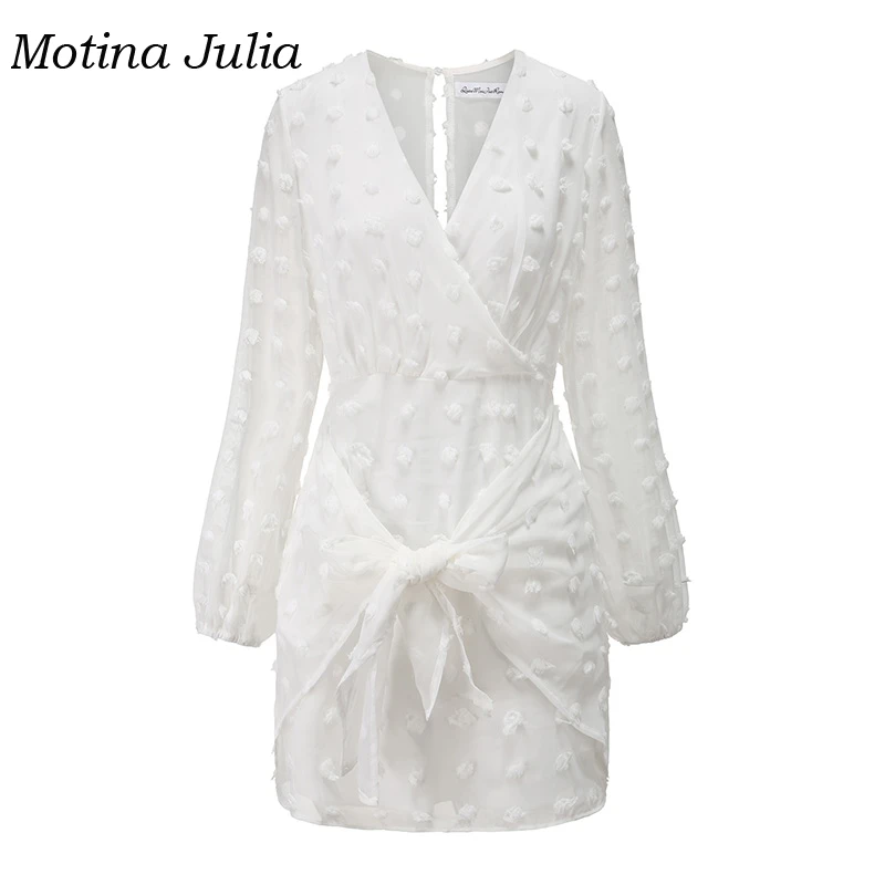 Motina Julia sexy white chiffon Jacquard dress eyelet long sleeve neck bow women vestidos 2019 trendy | Женская одежда