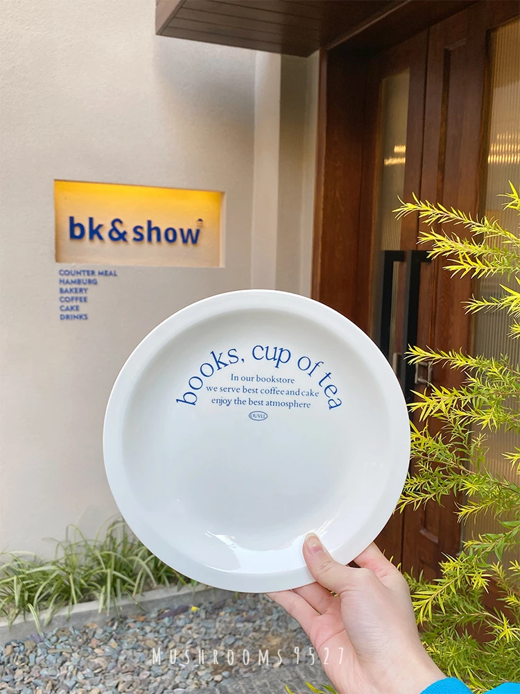 

* Mushrooms 9527 *Korean Style Blue Letter Plate Book Ceramic Shallow Plate Dessert Plate Cake Dessert Plate Dish Creative