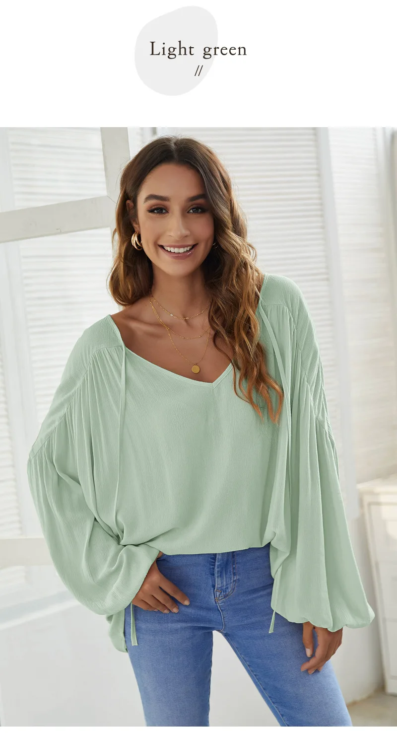 

Women T Shirt Sexy V Neck Simple temperament loose solid color Spring Autumn 2021 All-match Long Sleeve Slim Ladies Tees