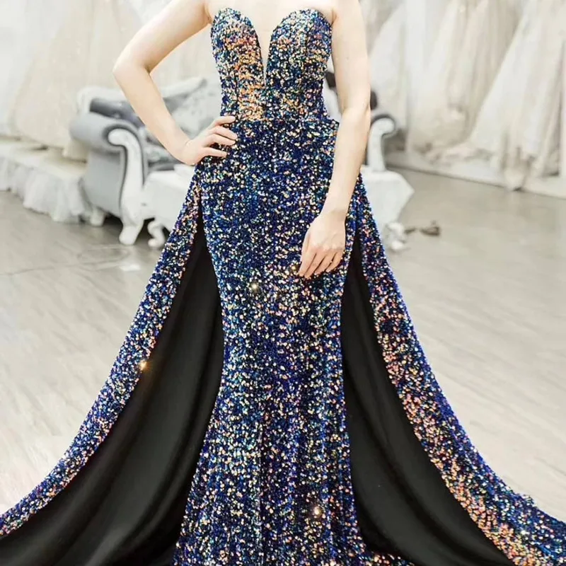 

Luxury Evening Dress 2020 Dubai Blue Sequins Sparkle Sexy Sweetheart With Train Mermaid Party Gowns Robe de soiree LE4021