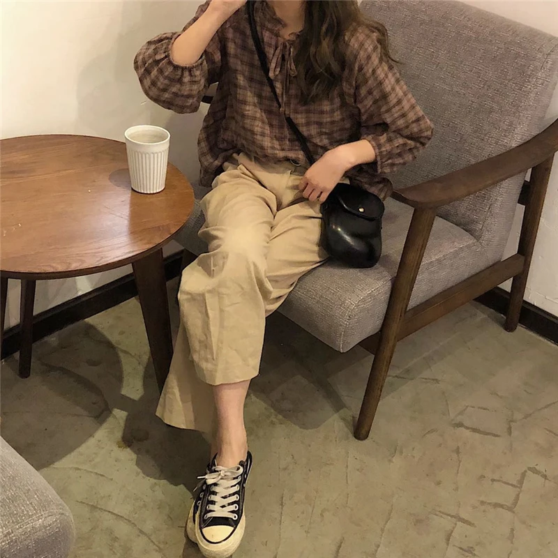 Новинка весны 2019 коричневая клетчатая Хлопковая женская блузка в клетку рубашка