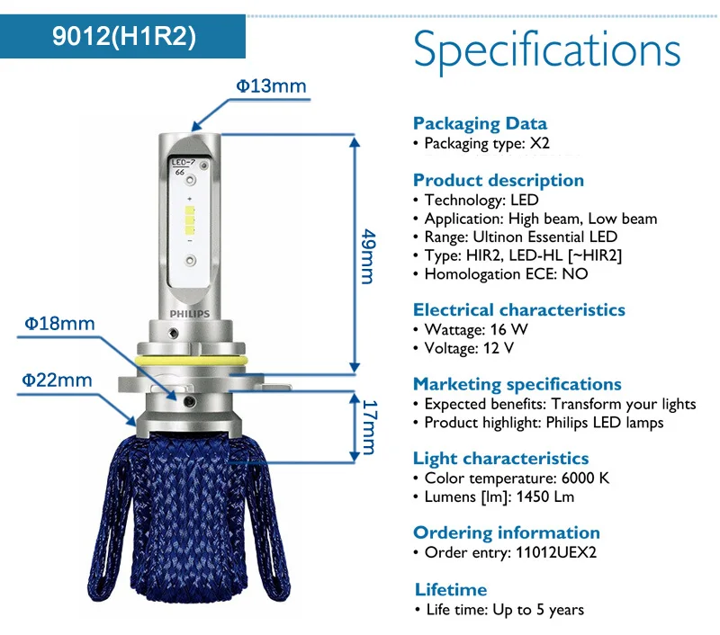 Philips Ultinon Эфирное светодиодный комплект 6000 K 12 V H4 H7 H11 HB3 HB4 H1R2 9005 9006 9012 фар H8 H11 H16 противотуманная фара