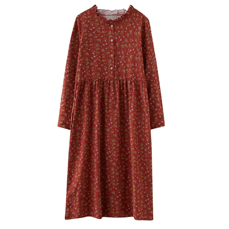 

FAKUNTN long sleeve cotton linen ruffle vintage floral dresses for women casual loose woman spring autumn dress elegant clothes