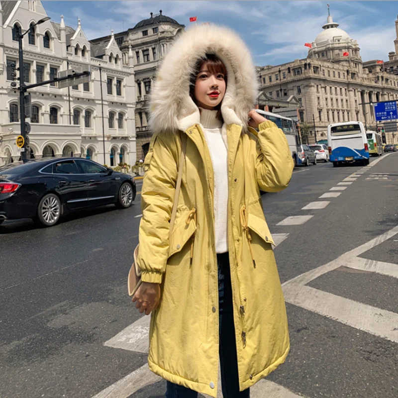 Женский длинный пуховик в Корейском стиле желтое хлопковое пальто для осени и