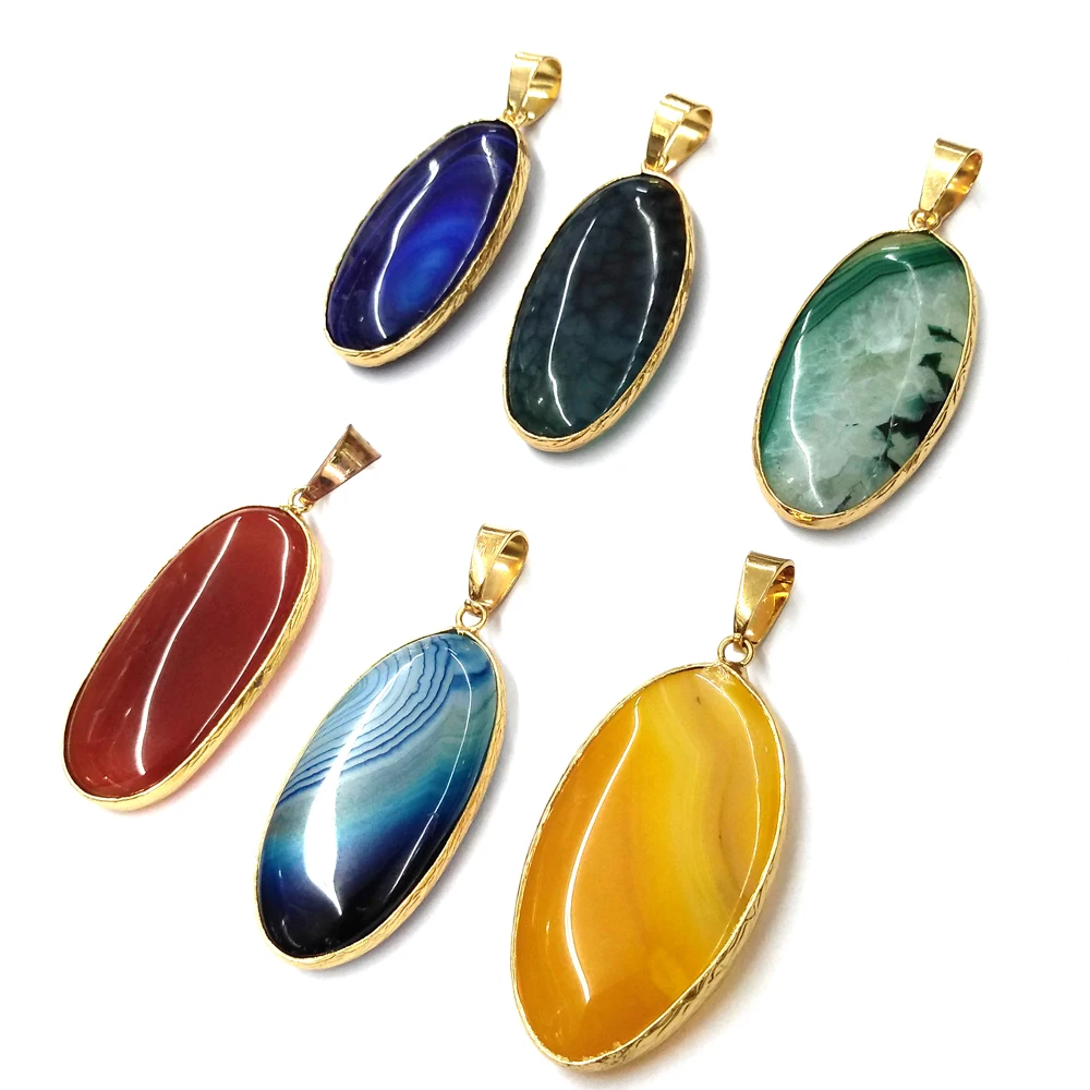 

Natural Agate Pendant Necklace Accessories Egg Shape Polished Colorful Agate Stone Charms For Jewelry Making Bracelet Earrings
