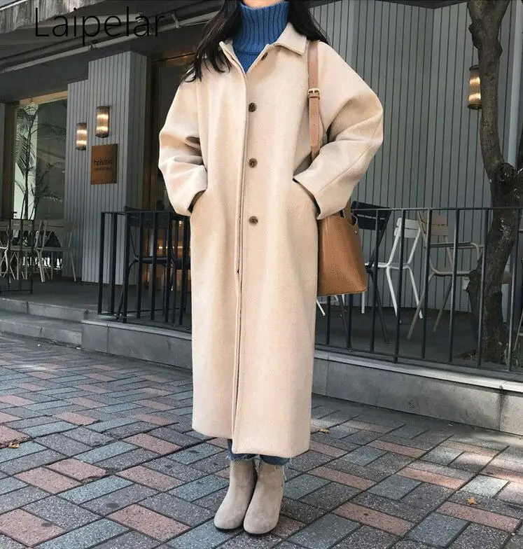 

Laipelar New 2020 Fashion Women Streetwear Wool Coat Single Breasted Coats Elegant Overcoat Pockets Long Coat Top