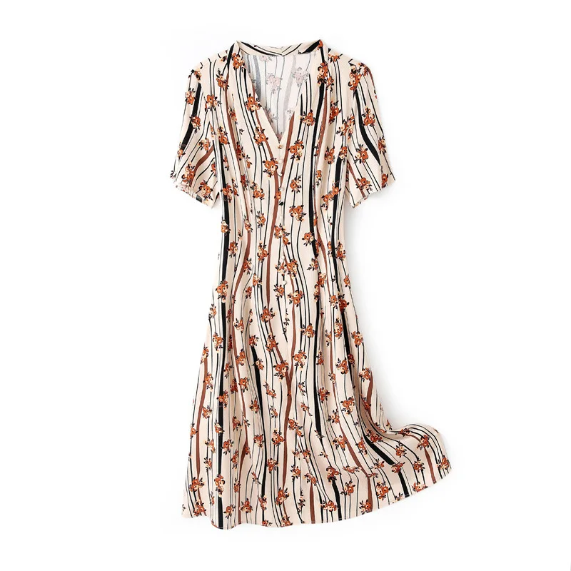 

Natural Silk Dress Women's Summer 2021 Hangzhou New V-neck Short Sleeve Floral Satin Silk Dress