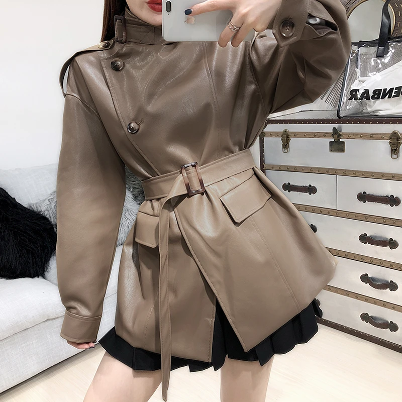 Новинка 2020 весеннее кожаное пальто для женщин Ретро стиль мото длинный рукав ПУ