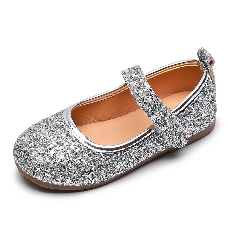 Mumoresip Glitter Leather Girls Shoes Bling Kids Casual Flats Silver Gold Color Children's For Toddlers Wedding Princess | Детская