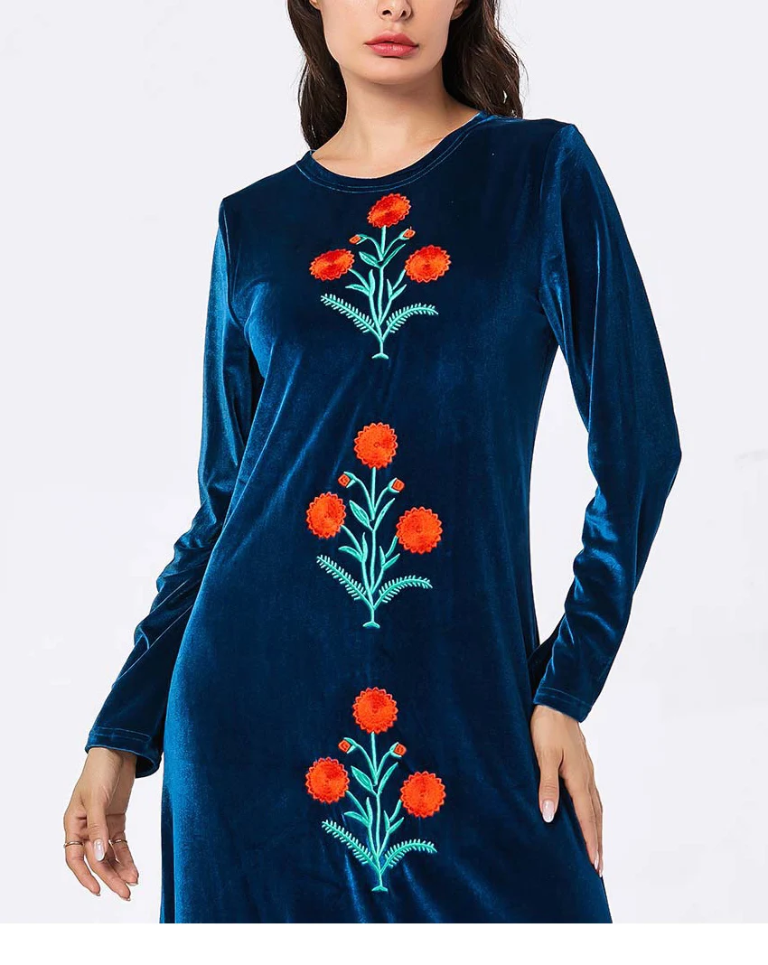 2021 New Muslim Abaya Clothing Velvet Dresses Embroidery Flowers Fashion Loose Plus Size Long sleeve Evening Maxi Dress Ladies |
