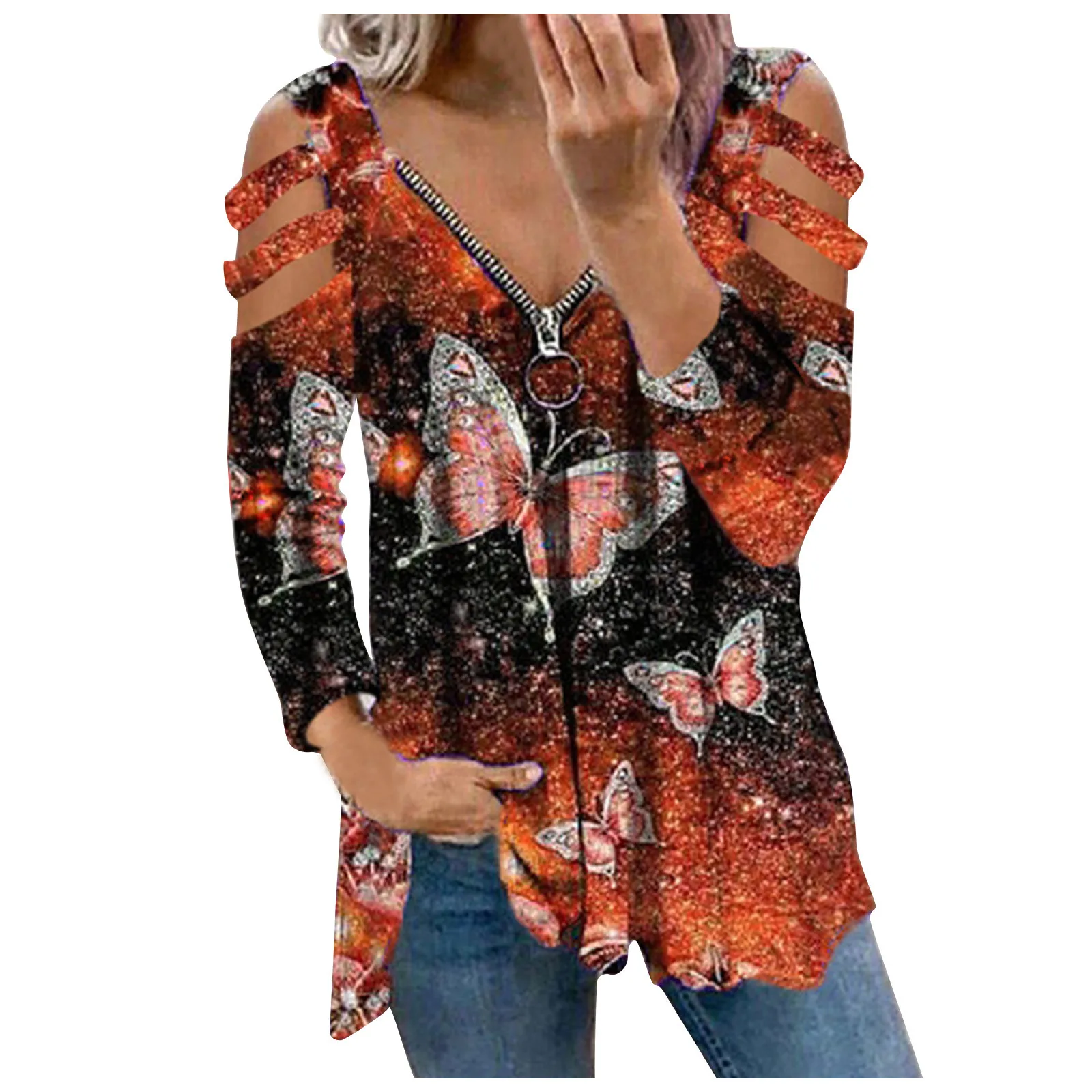 

2021 spring Women's Long Sleeve Tops V-neck Zipper Pullover Butterfly Print T-shirt t-shirt Fashion tees tops