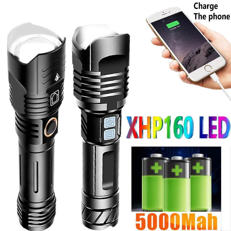 

5000Mah XHP160 LED Flashlight Most Powerful Work Light Use 18650 USB Rechargeable Torch XHP50 XHP100 Zoom Lantern Hunting Lamp