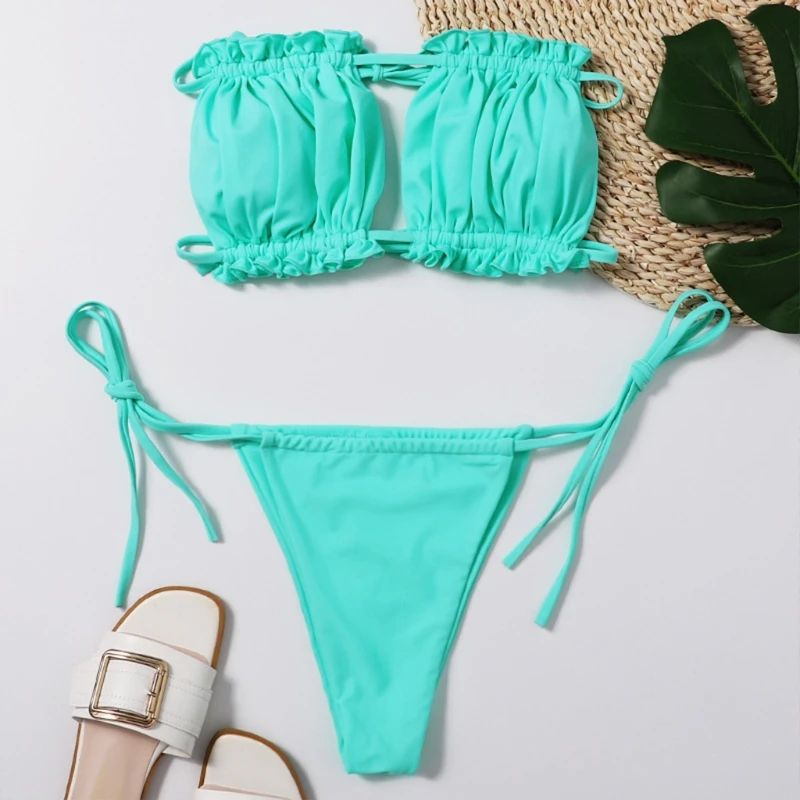 2021 NEW Women Sexy 2pcs Bikini Set Ruched Strapless Hollow Out Bandeau Swimsuit Side Tie Low Waist Solid Color Bathing Suit | Женская
