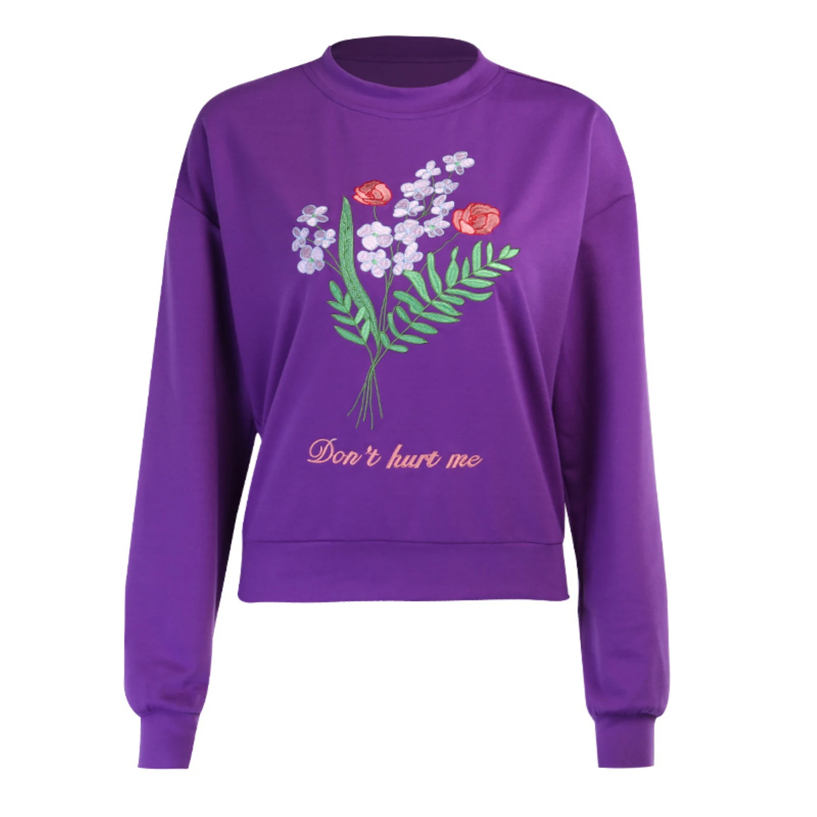 

Fashion Spring Autumn Women Purple Long Sleeve Crew Neck Blouse Pullover Flower Embroidery Sweatshirt
