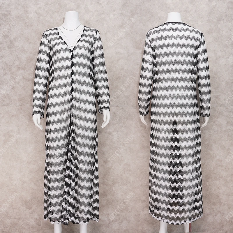 Пикантное женское длинное пляжное платье белая пляжная туника черное Полосатое