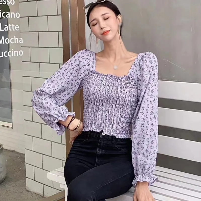 

Casual Chiffon Blouse Women Floral Print Square Collor Shirt Tops Autumn Fashion Long Sleeve Blouses