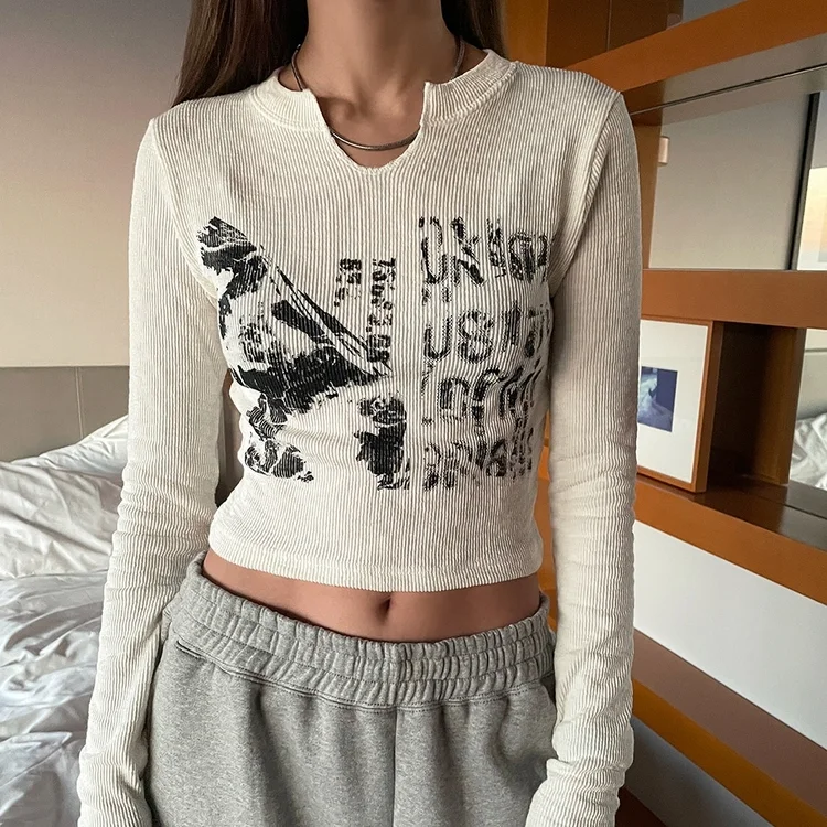 

2021 Fashion Streetwear Women's Knit Short Tops Retro Aesthetics Long Sleeve Letter Print T-shirt Sexy Slim Top
