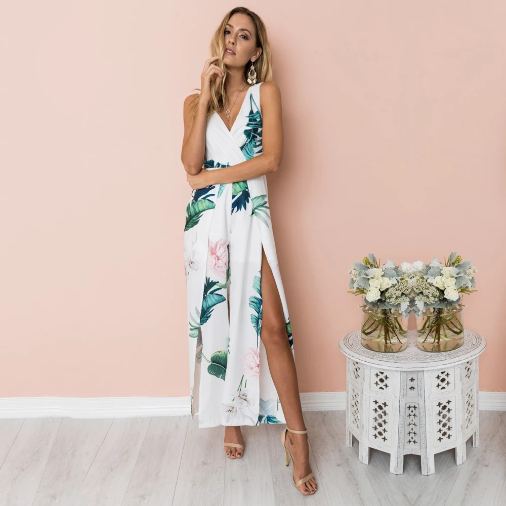 Sexy Deep V Neck Elegant Vintage Beach Jumpsuit Summer Backless Bow Wide Leg High Split Straight Casual Women Romper Jumpsuit