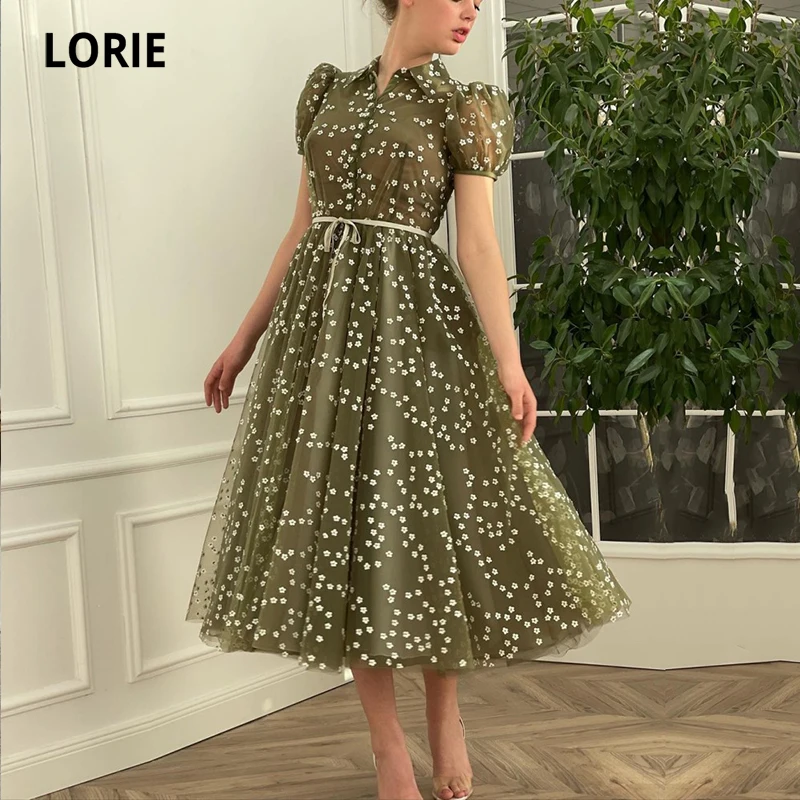 

LORIE Vintage Prom Dresses 2021 Shirt Collar A-Line Daisy Tulle Short Sleeves Tea Length Party Gown Robes de cocktail Dress