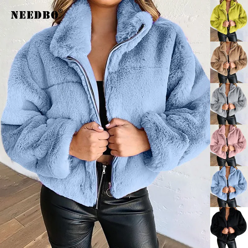 NEEDBO New Faux Fur Women Coat High Waist Fashion Faux Fur Loose Jacket Fake Rabbit Fur Coats Warm Outerwear Plus Size Overcoat