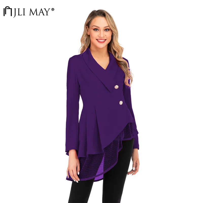

JLI MAY Casual Womens Blazers Patchwork Mesh Asymmetrical Office Lady Qualities Coat Solid Single Breasted Winter Clothes Women
