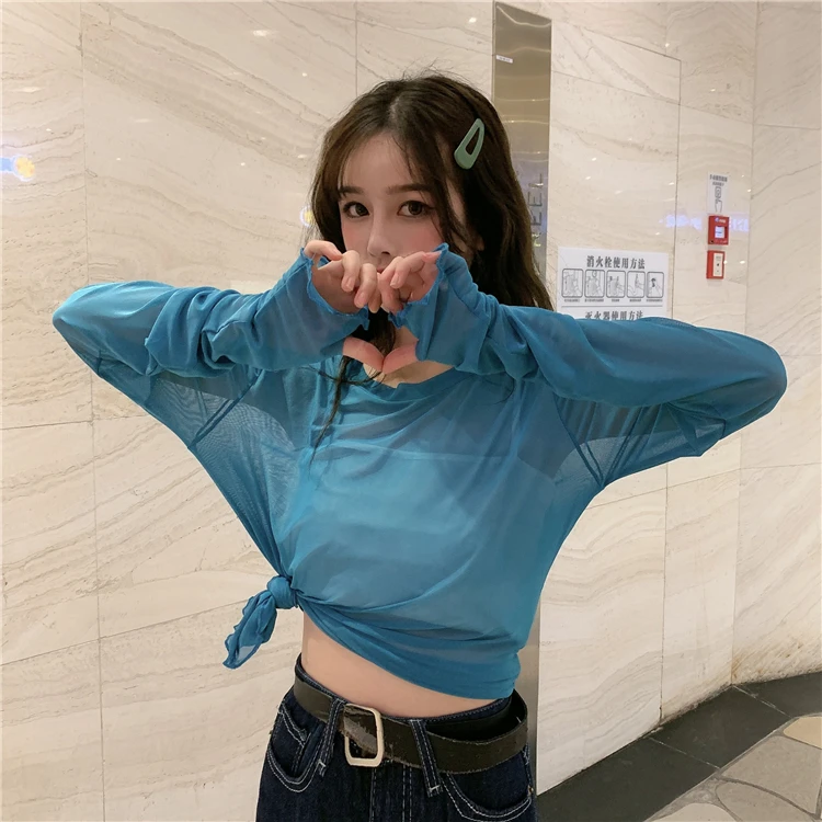 

2021 New Thin Inner Transparent Sun-Proof Clothes Long-Sleeved T-shirt Blouse Women's Mesh Coat Head Ins Trendy Summer