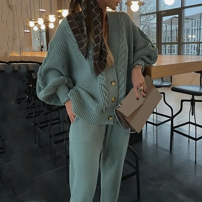 Трикотажный спортивный костюм Muyogrt женский кардиган с V-образным вырезом свитер и