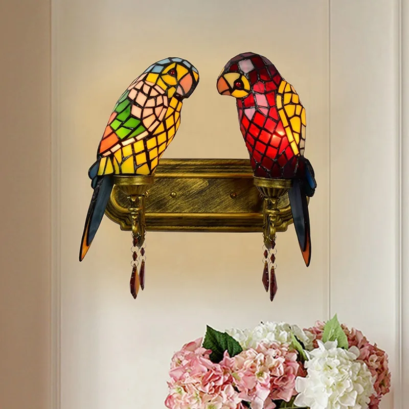 

European-Style Creative Parrot Bedroom Bedside Wall Lamp Colorful Glass Living Room Bar Hotel Corridor Double-He