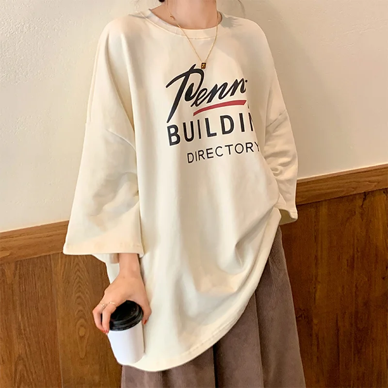 Gagarich Women Spring T-shirts New O Neck Three Quarter Sleeve Midi Long Femme Tops Korean Fashion Letter Print Loose T Shirt | Женская