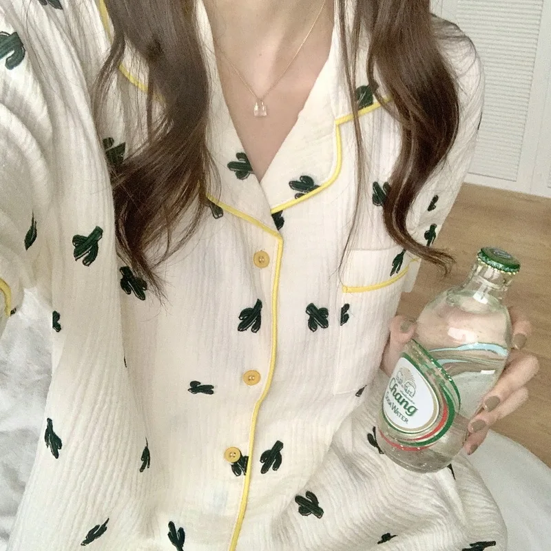 2021 Summer New Printed Pajamas Women's Cardigan Cotton Gauze Short Sleeve Home Suit Female Sleepwear Lady Nightwear Lounge Wear