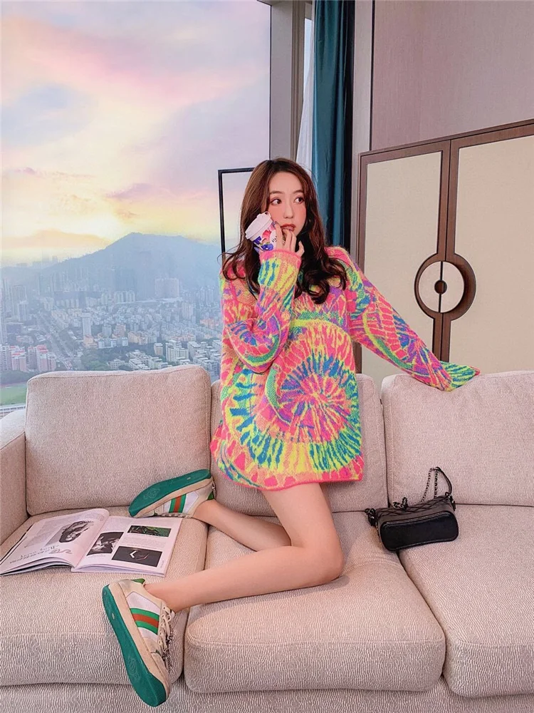 

Brand Design Colorful tie-dye Basic Hit Casual Regular 2020 Female Women Long Sleeve Loose College Wind Hit Hot Sale Sweaters