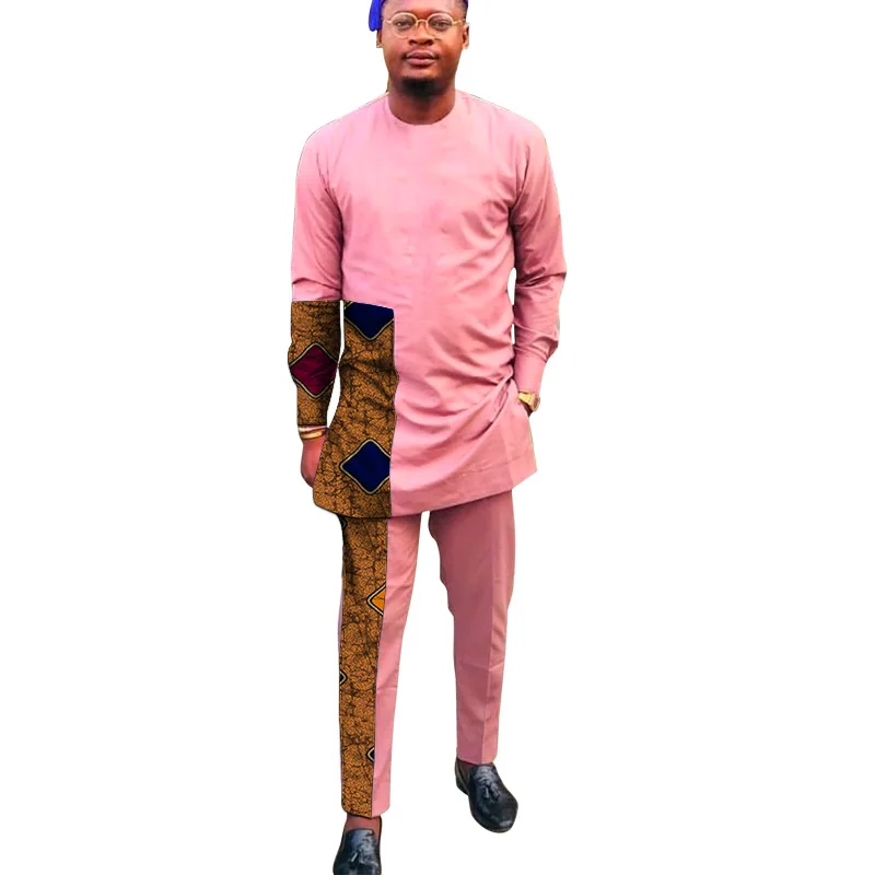 Modern Design African Fashion Pink Men's Pant Sets O Neck Top And Trouser Patchwork Male Outfits Dashiki Suits | Тематическая