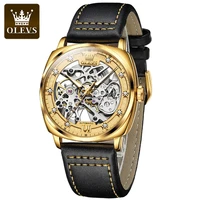 olevs gold skeleton automatic mechanical watch leather men luminous watches brand luxury montre homme relojes relogio masculino