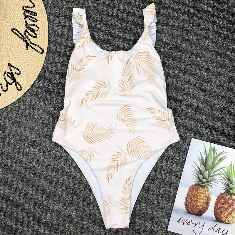 

2019 Sexy Ruffle Swimwear Women One Piece Swimsuit Print Plant Bathing Suit Swimming for Women Swim Wear maillot de bain femme