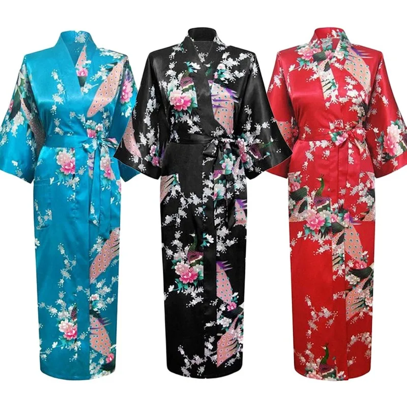 

Long Style Loose Japanese Satin Peacock Woman Yukata Dress Sleepwear Oriental Kimono Haori Chinese Qipao Nightgown Robe Japan